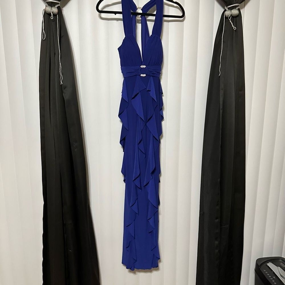 Betsy Adam Royal blue formal dress, layered ruffles going down dress, lightly pa - Picture 3 of 12